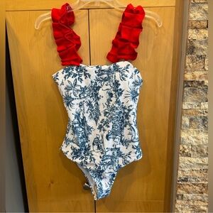 COMMENSE NEW  Red and White Ruffle Strap swimsuit bathing suit one piece